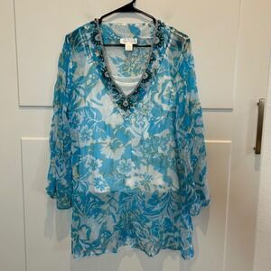 Soft Surroundings Blue Floral Silk Beaded V Neck Tunic Top M Boho White tank